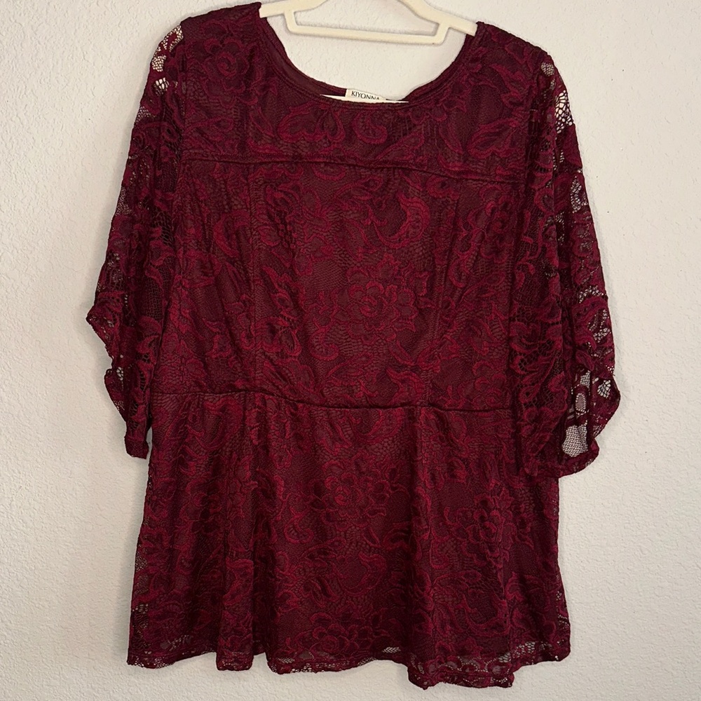 Kiyonna Deep Red Floral Lace Blouse